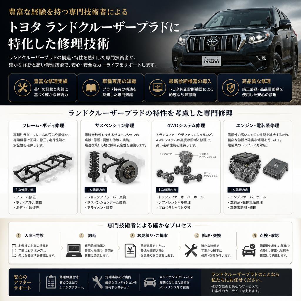 トヨタ ランドクルーザープラド専門の修理技術
